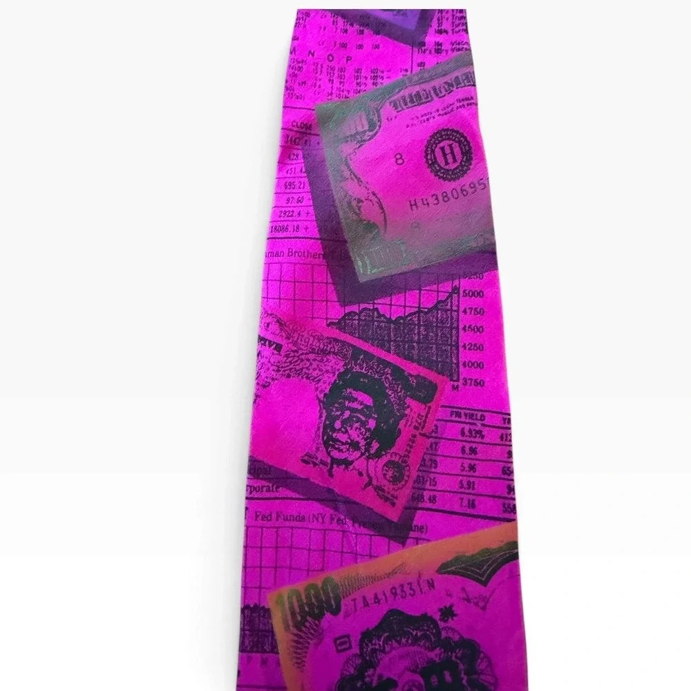 Flamingo Joe Mens Silk Tie Magenta Pink Currency Money Stock Market Finance USA